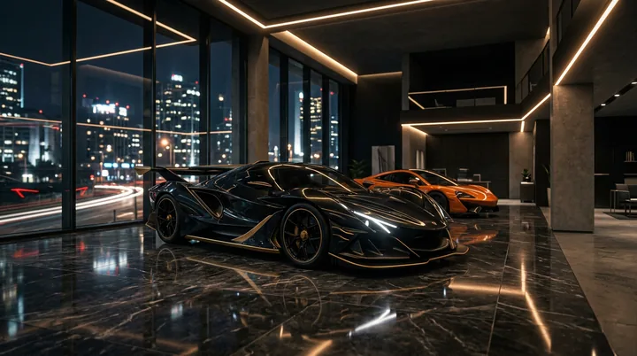 Carros esportivos em uma concessionária de luxo à noite