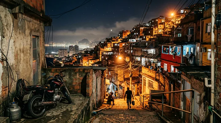 Comunidade no morro à noite, com luzes acesas e a cidade ao fundo