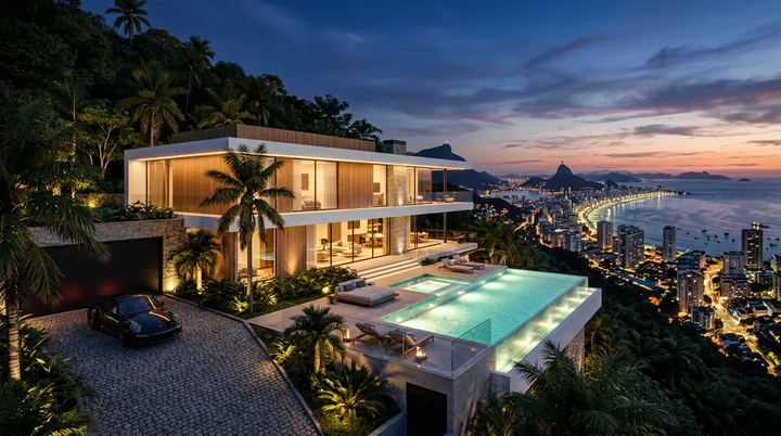 Mansão com piscina no alto do morro, com vista para a cidade