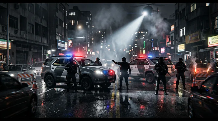 Viaturas e policiais em uma blitz noturna na Nova Capital