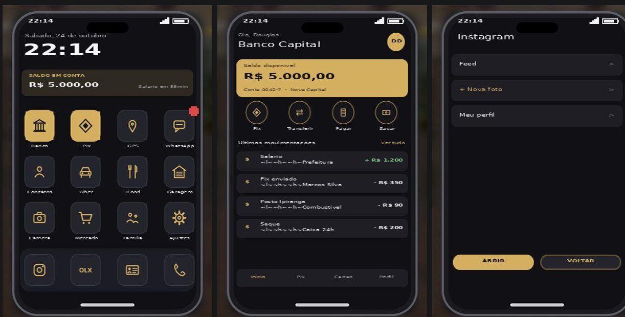 Celular da Nova Capital: tela inicial, Banco Capital e Instagram