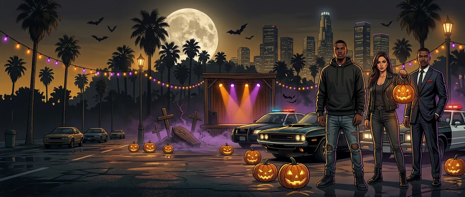 Praça da Nova Capital decorada para o Halloween à noite, com abóboras, luzes laranja e roxas e um palco
